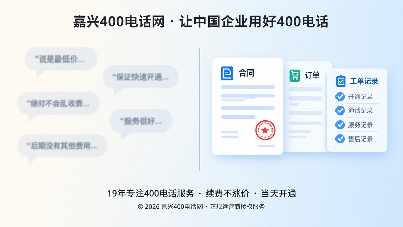 对比式扁平插画，左侧口头承诺气泡，右侧合同订单工单记录卡片